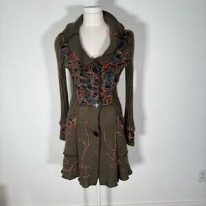Dolce Vita Green Artsy Long Embroidered Knit Long Cardigan Arcylic Mohair Wool S